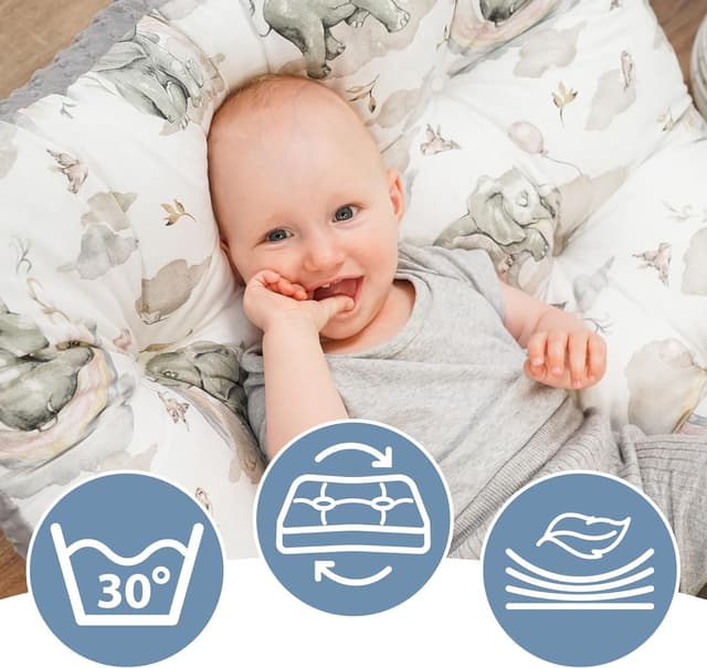 Detalle de Totsy Baby Krabbeldecke für Baby-Kissen (70x110 cm) für Kletterbogen & Montessori-Spielbogen – Elefanten hellgrau