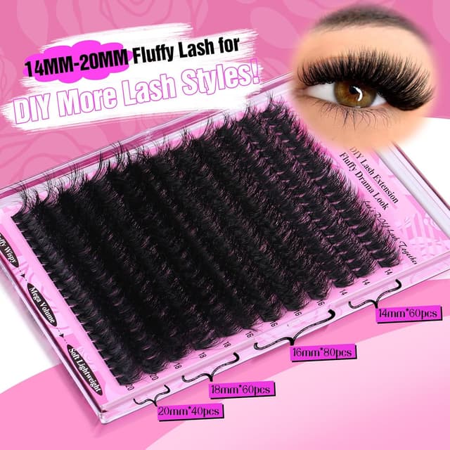 Detalle de Yawamica Fluffy Lash Clusters Thick 200D Volume Eyelash Extensions (D-Curl, 14–20mm, 240pcs) for DIY