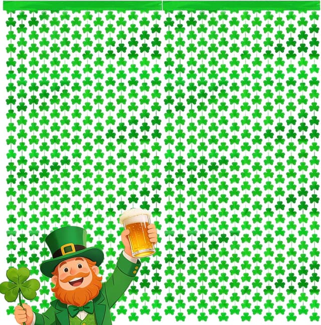 Detalle de Vsosfiza 2-Pack St. Patrick’s Day Clover Streamer Curtains (Green Shamrock) for Party, Photo Booth & Classroom