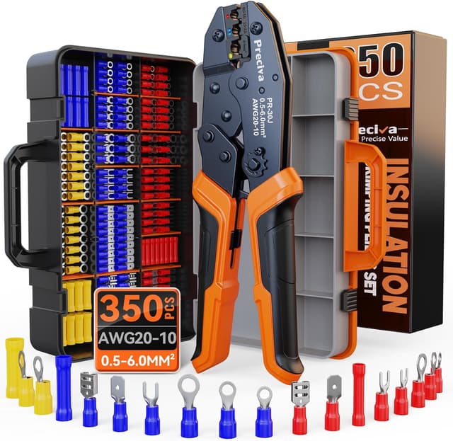 Detalle de Preciva Crimpzange Set mit Ratschenmechanik und 350 farbcodierten Kabelschuh-/Aderendhülsen (0,5–6 mm²) – Komplettset fürs Crimpen