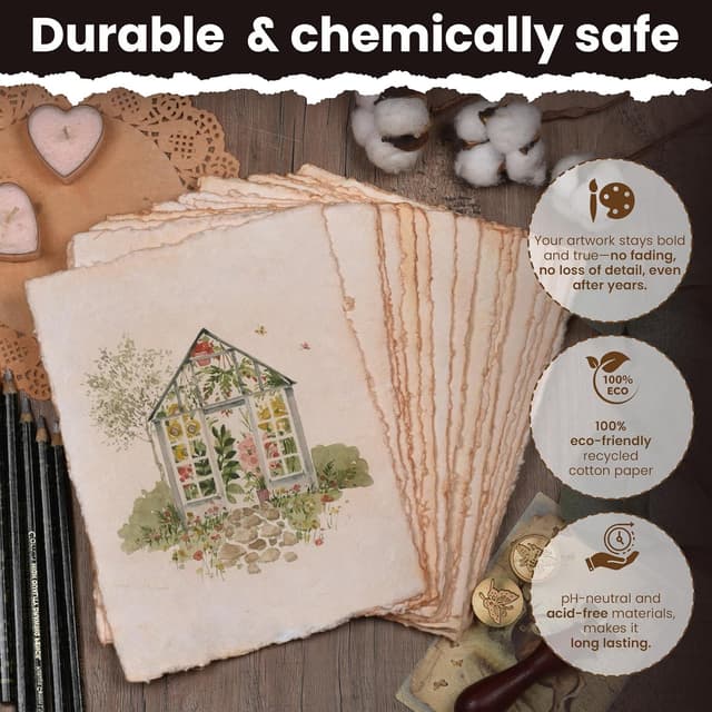 Detalle de Leather Village Watercolor Paper (7 x 5 inches) — 50 Sheets, 150 GSM Mixed Media Deckle-Edge