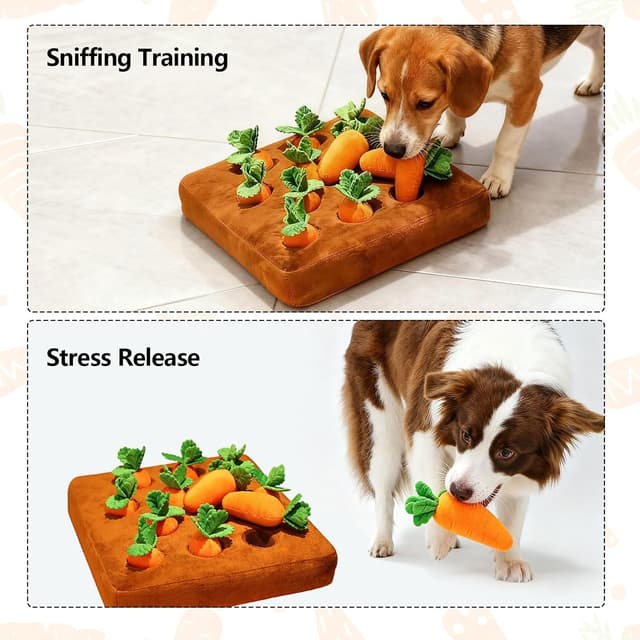 Detalle de Yeqqzq Carrot Dog Toys 2-in-1 Snuffle Mat & Plush Puzzle with 12 Squeakable Carrots