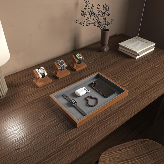 Thumbnail 6 de Plateau à bijoux en bois massif Oirlv avec microfibre, empilable et tiroir (35 × 24 × 3 cm) – Gris