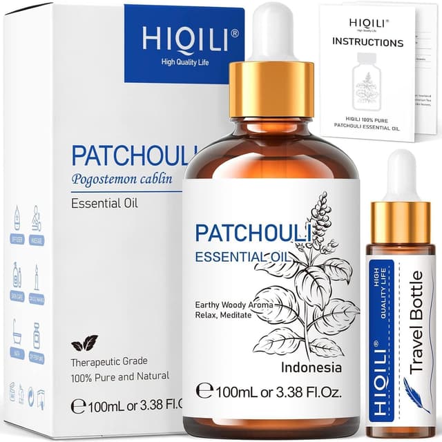 Detalle de HIQILI Patchouli Essential Oil 100ml – natural pure oil for aromatherapy, DIY candles and soap