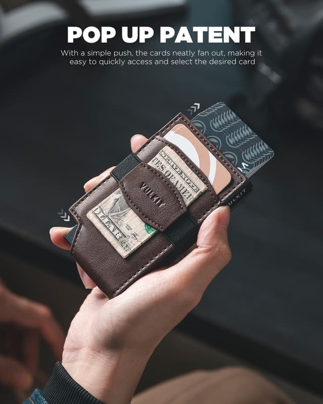 Detalle de VULKIT Pop Up Card Wallet with Money Strap Leather Front Pocket (RFID Blocking) – Espresso