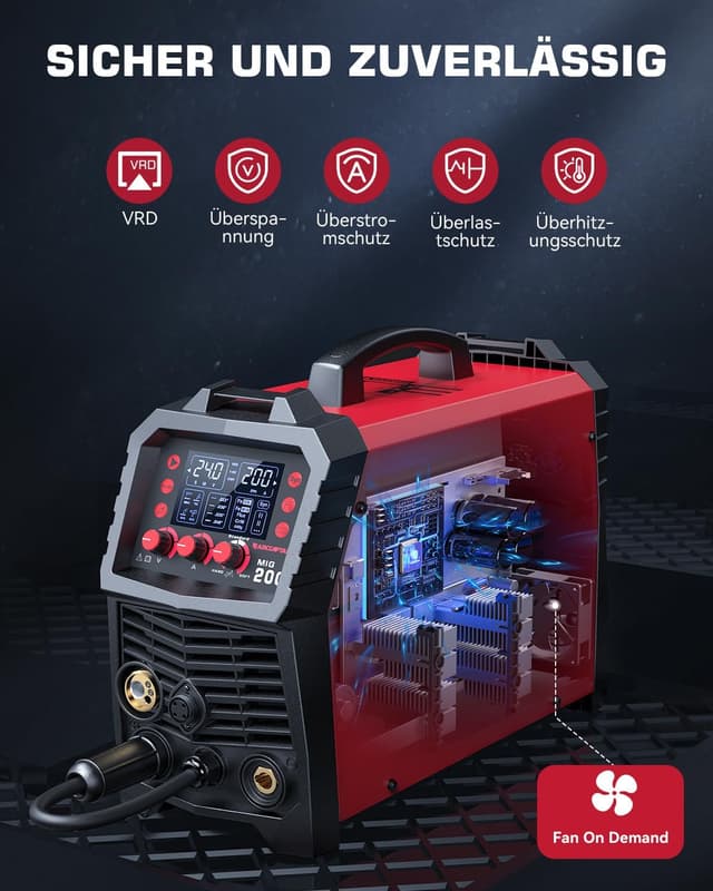 Thumbnail 6 de ARCCAPTAIN MIG MAG Schweißgerät 200 A 7‑in‑1 (IGBT Inverter, 230 V) für MIG/MAG, Fülldraht, MMA, Lift TIG, Spool Gun und Punktschweißen