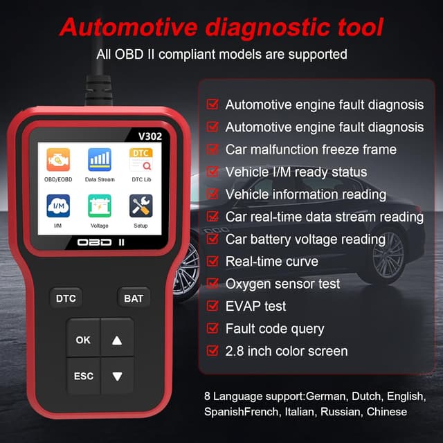 Detalle de OBD2 Car Fault Code Reader (Wired) V302 for 1996+ OBD-II Vehicles — Live Data, Freeze Frame & EVAP Test