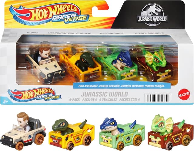 Detalle de Hot Wheels RacerVerse 4er-Pack mit Die-Cast-Fahrzeugen aus Jurassic World (Charlie, Owen, Dilophosaurus, Allosaurus) – HKD32