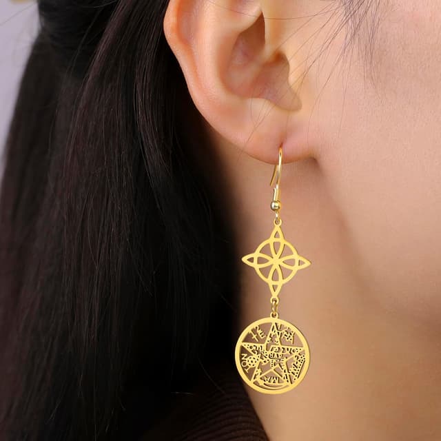 Detalle de Hexenknoten Ohrringe mit Tetragrammaton & Pentagramm Anhängern – keltischer Knoten Schmuck für Frauen