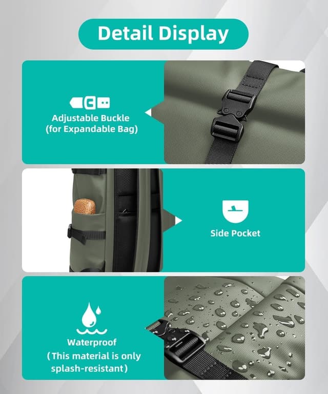 Detalle de GYakeog Rolltop Rucksack (groß) 33 l – wasserdichter Laptop-Rucksack bis 15 Zoll, Rollverschluss, Anti-Diebstahl, Fahrrad- & Alltagstauglich