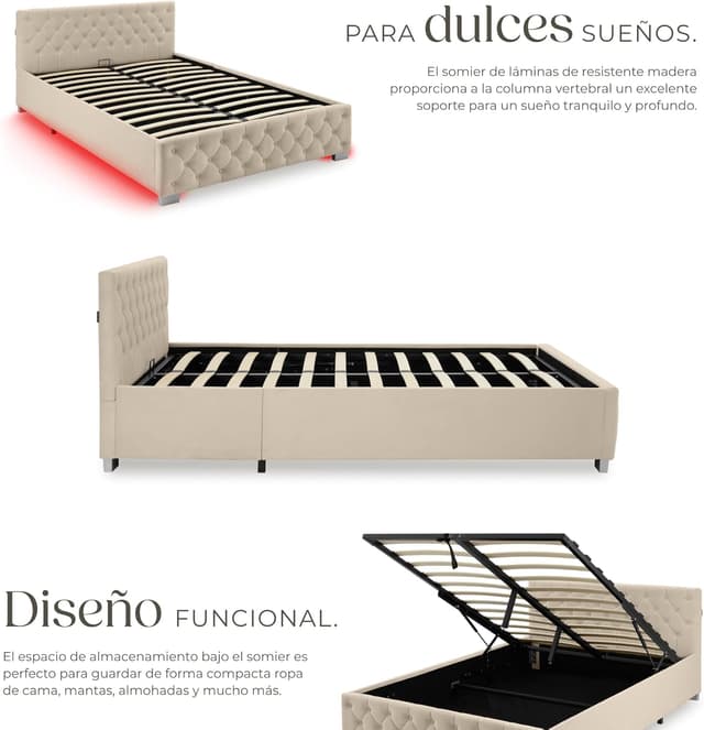 Thumbnail 3 de tectake® Cama Tapizada Terciopelo con LEDs 215x148 cm