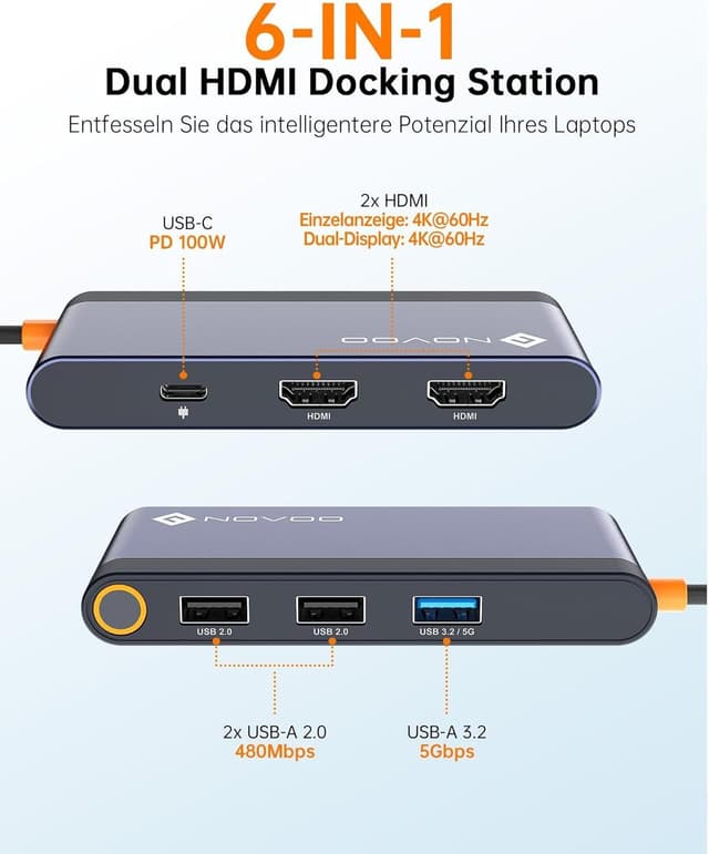 Detalle de NOVOO USB-C-Dockingstation mit Dual HDMI (bis 4K@60Hz), USB-A Hub, PD 100W und 2x HDMI