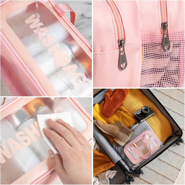 Detalle de Boic Clear Toiletry Bag (Large) – PVC Waterproof Clear Travel Washing Bag with Handles & Zips, Pink