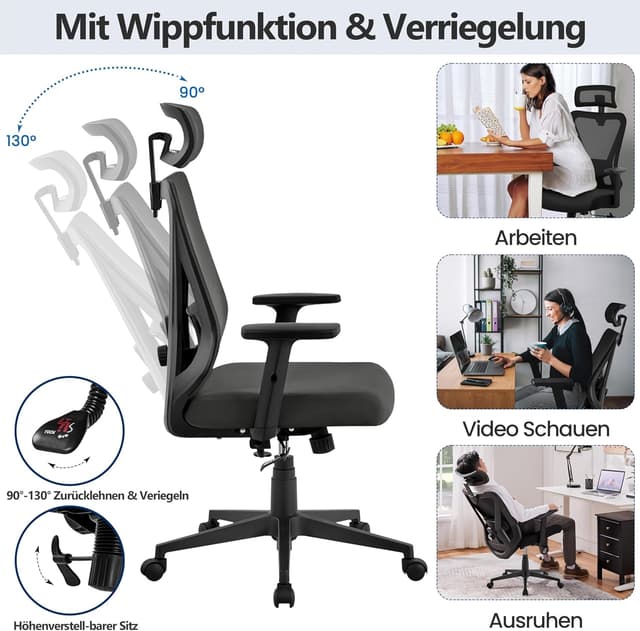 Detalle 2 de Yaheetech Bürostuhl ergonomisch mit verstellbarer Kopfstütze, Armlehnen und 90°–130° Neigung