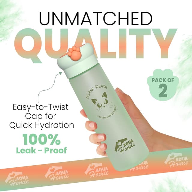 Detalle 2 de AQUA HOMIE 2-pack 530ml motivational water bottles with paw lid (leakproof, BPA-free) – Green & Orange