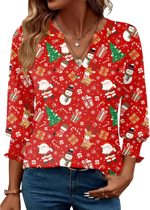 Detalle de Rapbin Damen Bluse mit 3/4-Ärmeln, V-Ausschnitt & Blumenmuster – Tunika-Look für Sommer und Übergang