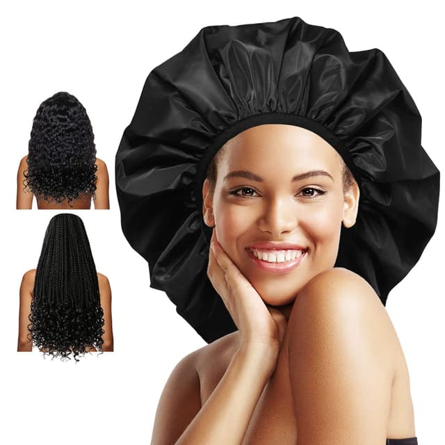 Detalle de Auban Extra Large Shower Cap (XL) — Double-Layer Waterproof Reusable Bonnet for Long Hair, Braids & Locs (Black)