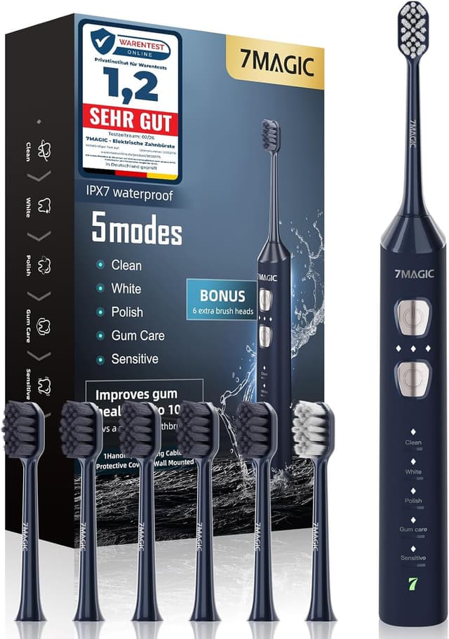 Detalle de Elektrische Schallzahnbürste (leise) mit 3 Intensitäten, 5 Modi, Timer und IPX7 – 40.000 vpm, 180 Tage Akkulaufzeit, Blau