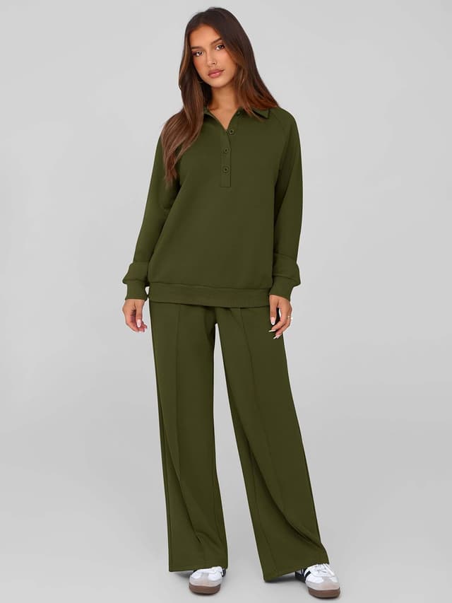 Detalle 2 de PRETTYGARDEN Women’s Fall 2-Piece Quarter-Button Sweatshirt & Wide-Leg Pants Lounge Set