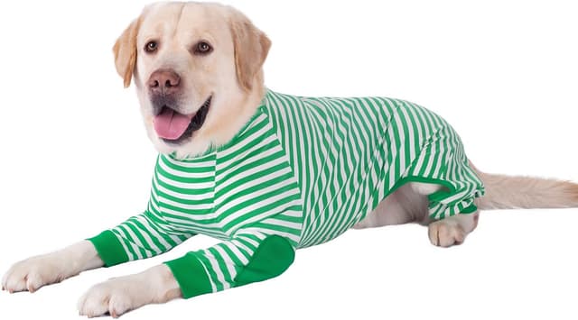 Detalle de BT Bear Large Dog Clothes cotton dog pyjamas jumpsuit with zip (light green, striped) for medium to large dogs