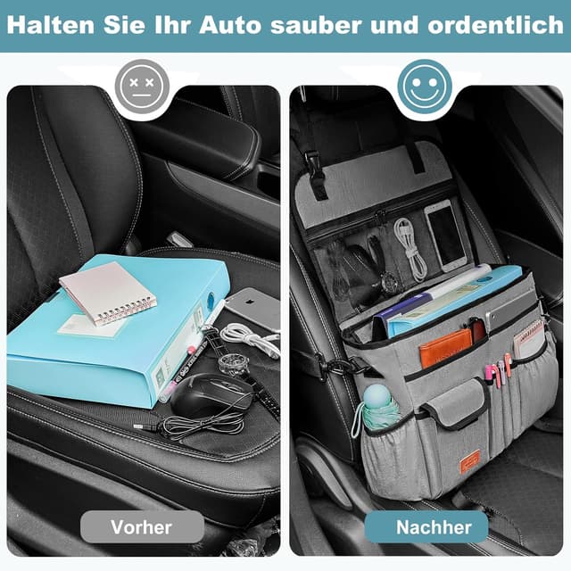 Detalle de Eurhomewit Autositz Organizer Vordersitz 2-in-1 mit Laptopfach (15–17") & Rücksitz-Organizer, Grau