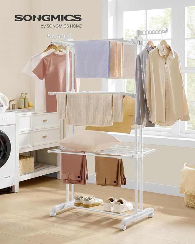 Detalle 2 de SONGMICS LLR701W03 stendibiancheria pieghevole a 4 livelli con ruote e ali richiudibili