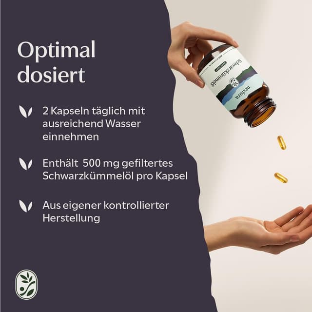 Detalle 2 de nedura® Schwarzkümmelöl Kapseln (400 Stück) – kaltgepresst, gefiltert, 1.000 mg Tagesdosis in veganer Kapselhülle