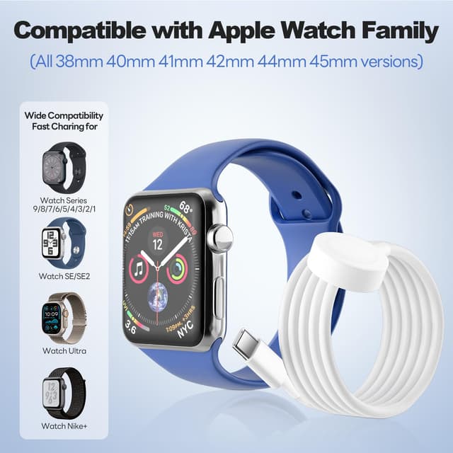 Detalle 2 de WeiShip USB‑C Apple Watch Charger Cable (2‑Pack, magnetic, 3ft + 3ft/white) for Series 1–11, SE & Ultra