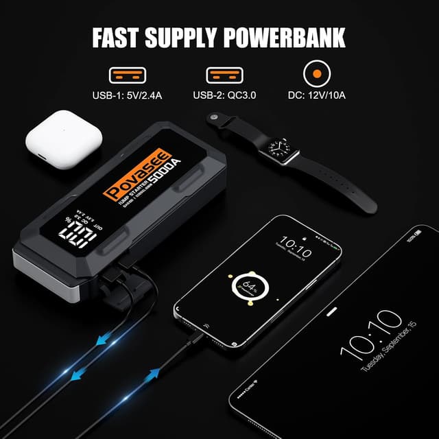 Detalle 2 de Povasee 5000A Starthilfe Powerbank für 12V Fahrzeuge