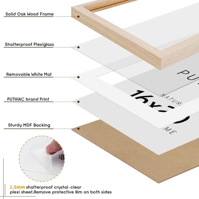 Detalle de Puthiac 16x20 Solid Oak Wood Picture Frame (Plexi Front) — Fits 12x16 with Mat or 16x20 Without Mat, Wall Display Only