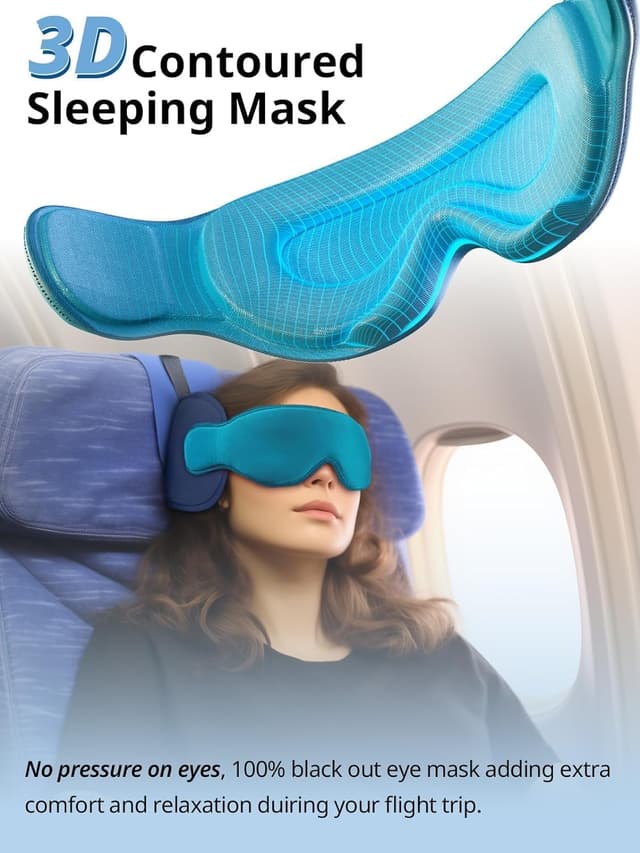 Detalle de Inspireyes travel pillow for airplanes with head strap and sleep eye mask – 360° supported headrest (Light Black)