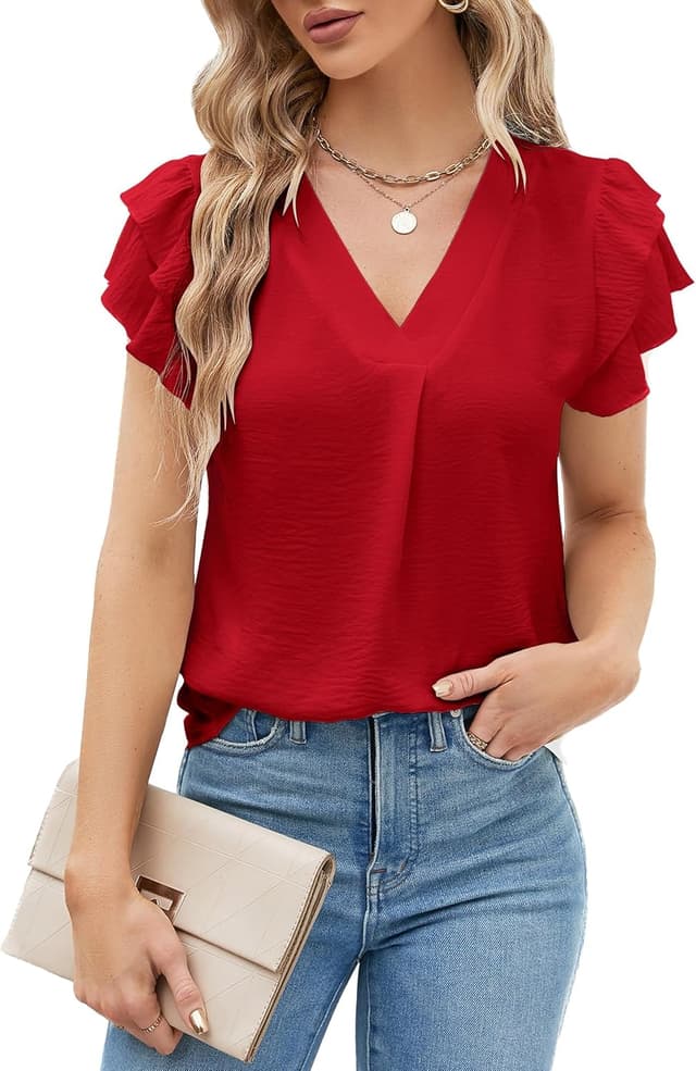Thumbnail 6 de BUNSLOOM Damen-Bluse aus Chiffon mit V-Ausschnitt, Kurzarm und Puffärmeln – Sommer-Casual für Büro & Alltag
