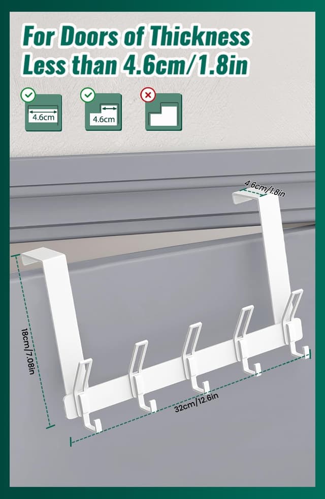 Detalle de MIVITOOM Over The Door Hook Hanger with 5 Coat Hooks (White) – space-saving storage for doors
