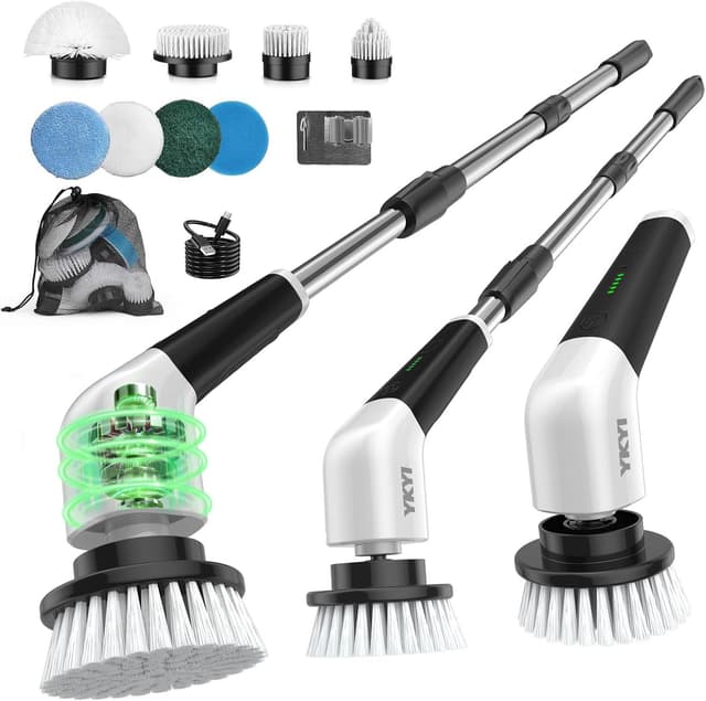 Detalle de YKYI Cordless Electric Spin Scrubber with Adjustable Handle, 2 Speeds & 8 Brush Heads (IPX7)
