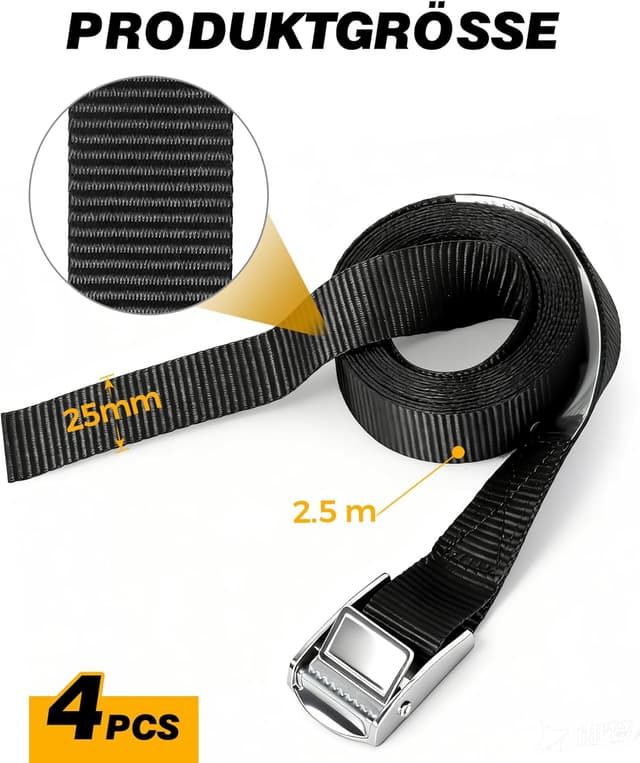 Detalle de Spanngurte Schwarz 4er-Set (2,5 m x 25 mm) mit Klemmschloss – Zurrgurte für Fahrrad, Dachbox & Gepäck