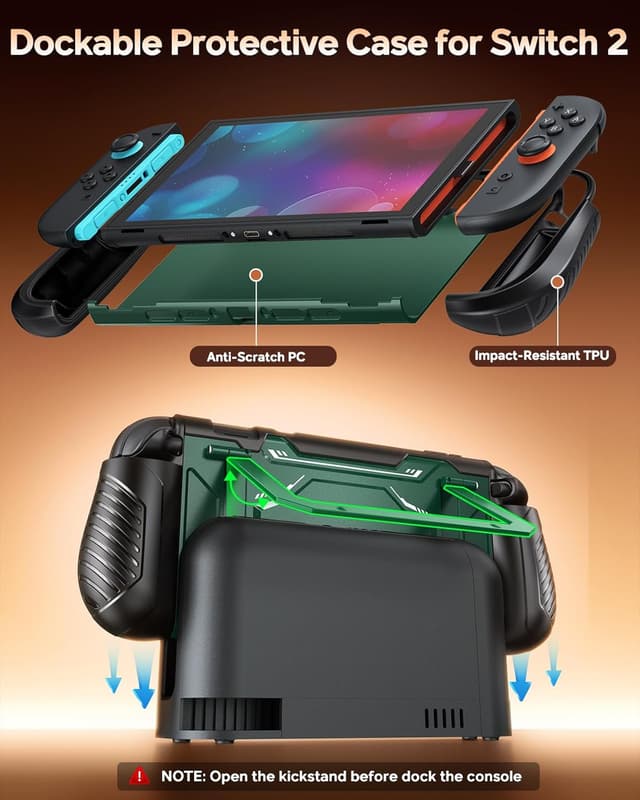 Detalle 2 de FYOUNG Dockable Switch 2 Case with Adjustable Kickstand, Shockproof Hard Shell (Green)