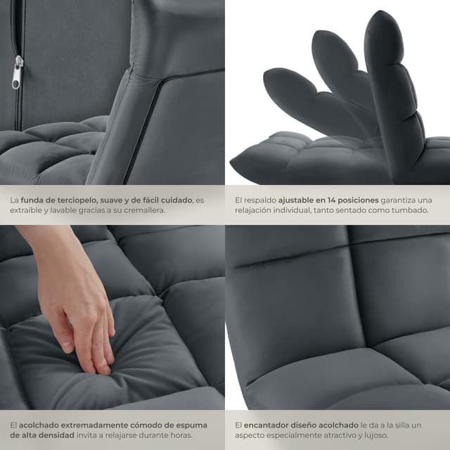 Thumbnail 4 de tectake® Sillon Plegable Lectura Respaldo 14 posiciones