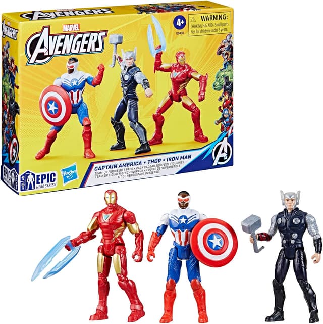 Detalle 2 de Hasbro Marvel Avengers Epic Hero Series Team-Up Gift Pack: action figure da 10 cm di Captain America, Thor e Iron Man