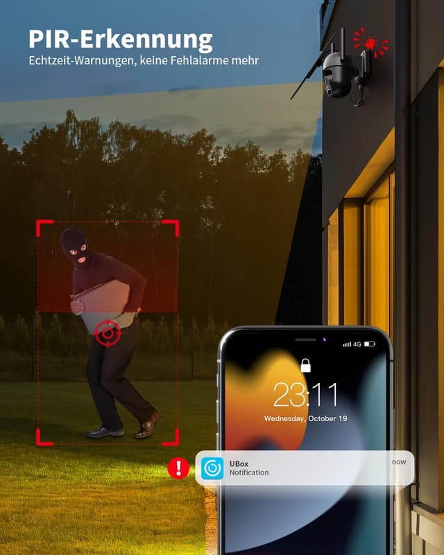 Detalle de NUASI 4G LTE Solar-Überwachungskamera für außen mit Akku, SIM-Karte & PIR (2K, ohne WLAN, PTZ)