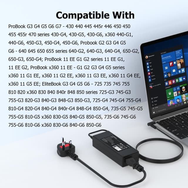 Detalle 2 de VUOHOEG HP laptop charger (blue tip 4.5mm × 3.0mm) 90W/65W/45W UK power adapter