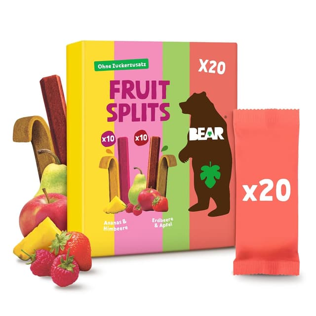 Detalle de BEAR Fruit Splits Mixbox – Fruchtsnacks ohne Zuckerzusatz in Beuteln, 20 x 20 g