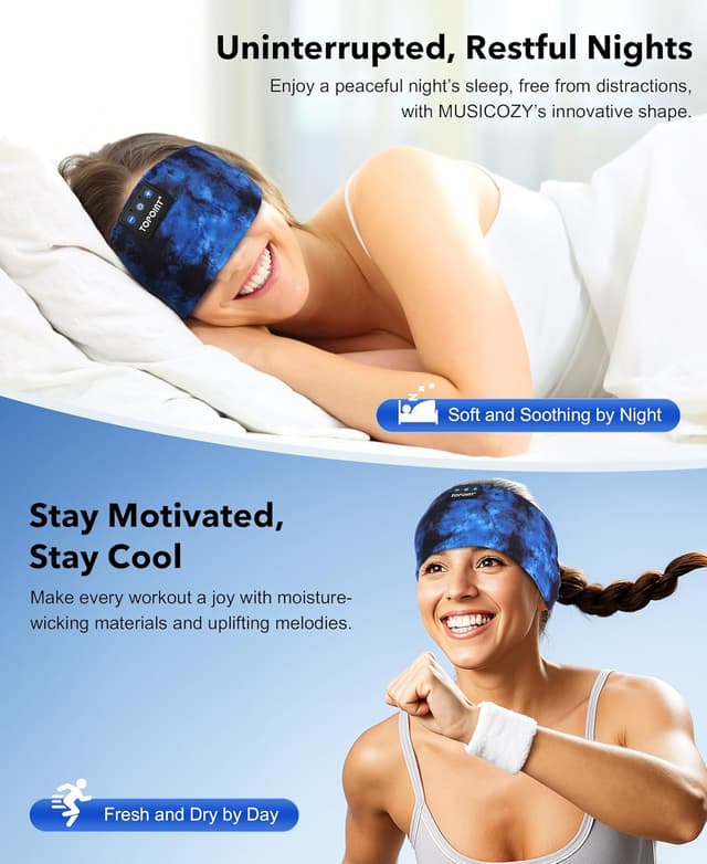 Detalle de TOPOINT Sleep Headphones Headband with Bluetooth 5.4 – sweatproof, ultra-thin stereo speakers