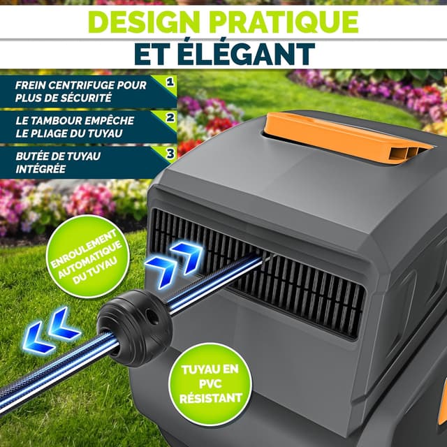 Detalle de Tillvex enrouleur de tuyau mural 20+2 m avec pistolet 9 jets, pivotant à 180° (anthracite/orange)