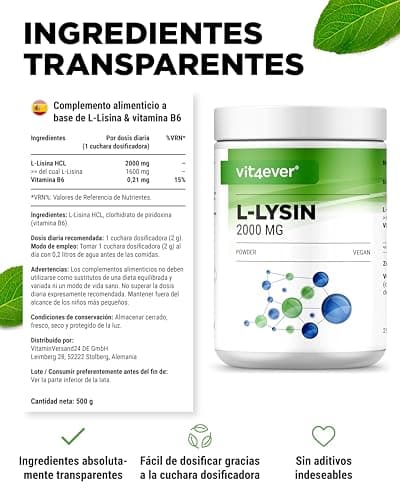 Thumbnail 4 de Vit4ever L-Lisina en polvo 500g | Vegan, Alta Solubilidad