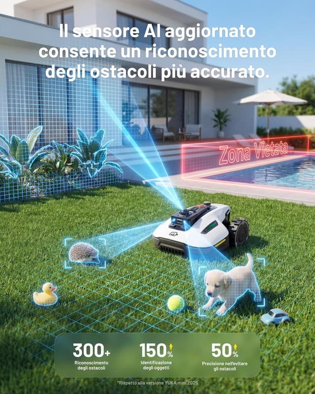 Detalle 2 de MAMMOTION YUKA mini 2 1000 — robot rasaerba con LiDAR 360° e Visione AI, senza cavo perimetrale