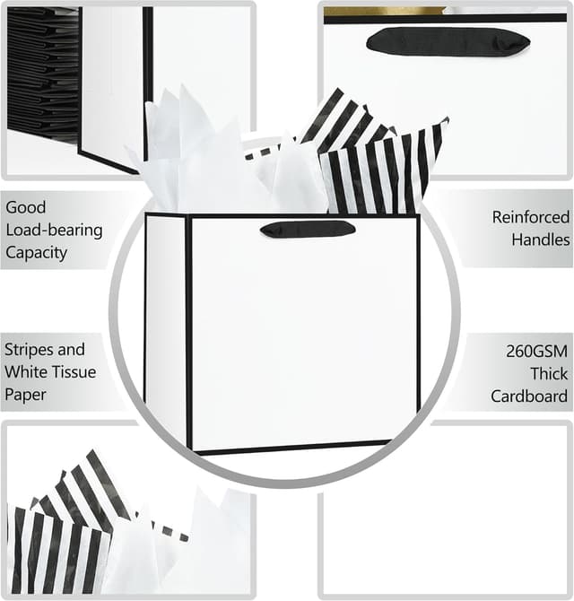 Detalle de Offizon 12 Pack 12.5 inch White Gift Bags with Black & White Tissue Paper