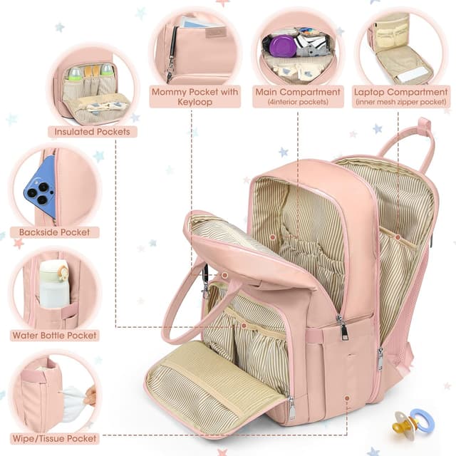 Thumbnail 1 de NEWHEY Baby Changing Bag Backpack with Portable Changing Mat, Waterproof Nappy Bag – Pink