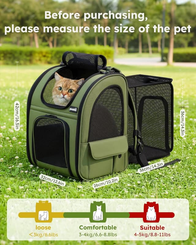 Detalle de Pecute Haustier Expansions Rucksack für Hund & Katze (erweiterbar, Front Opening, Mesh-Fenster) – dunkelgrün