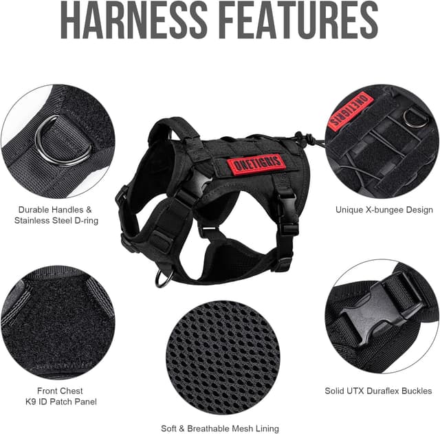 Detalle de OneTigris Fire Watcher – harnais tactique pour chien Molle noir (taille XS) avec poignée et anneaux en D