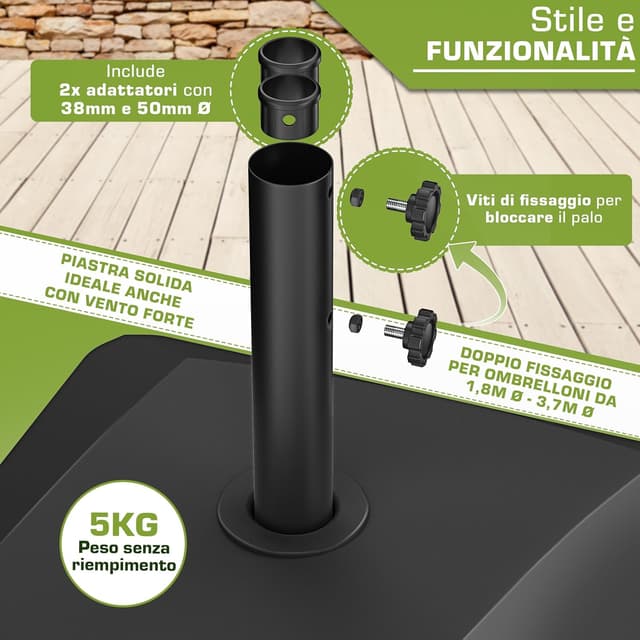 Detalle 2 de tillvex® Base per ombrellone GRAVIA con ruote e freni, zavorra riempibile 37 L/56 kg, per palo Ø 1,8–3,7 m, nero